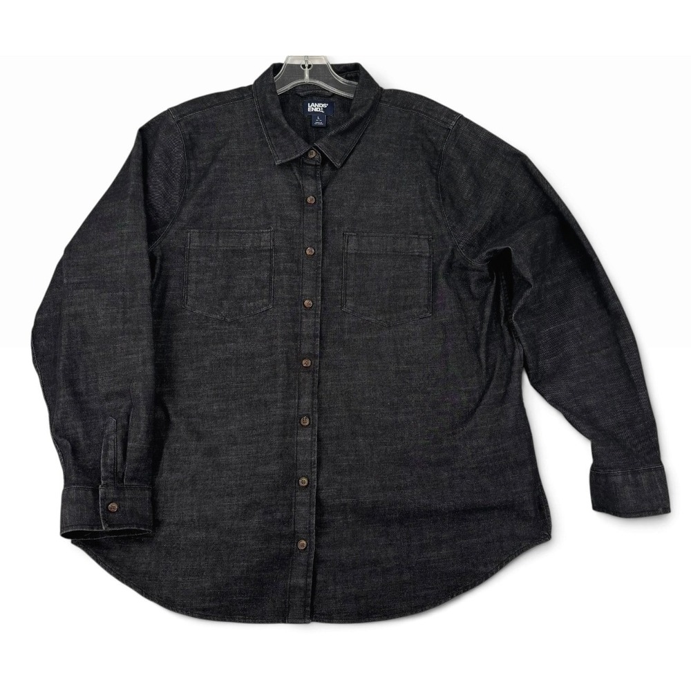 Lands End Denim Button Down Women L 14-16 Black Dark Wash Excellent Long Sleeve